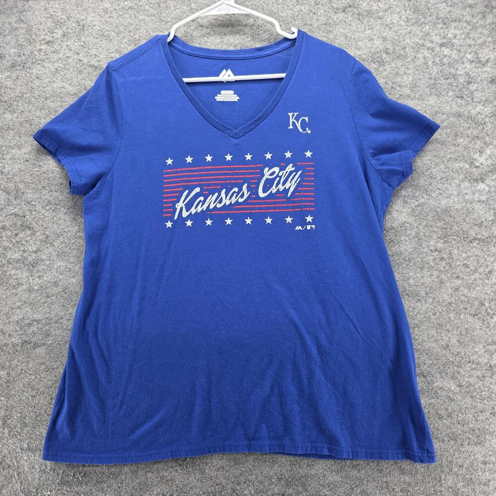 Kansas City Royals Shirt Womens XL Blue MLB Baseball V Neck Graphic Short Sleeve